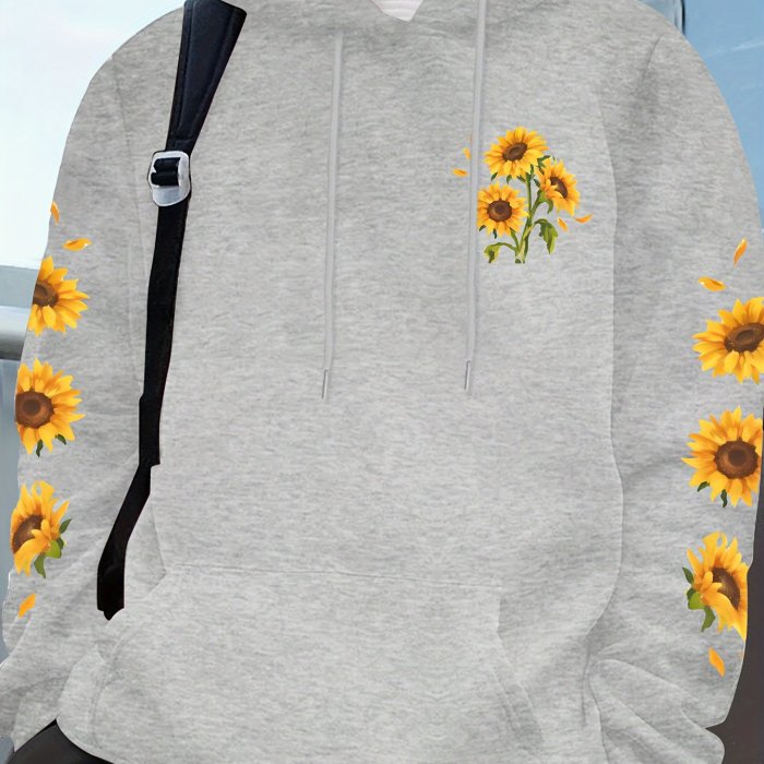 Sunflower Print Men's Pullover Round Neck Hoodies With Kangaroo Pocket Long Sleeve Hooded Sweatshirt Loose Casual Top For Autumn Winter Men's Clothing As Gifts