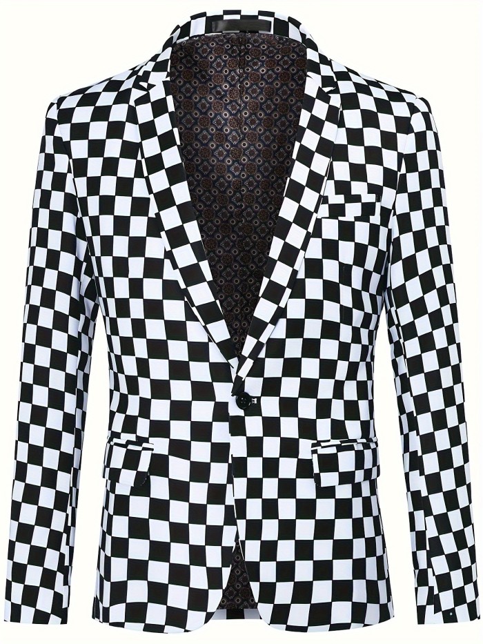 Checkerboard Pattern One Button Tweed Blazer, Men's Casual Flap Pocket Lapel Sports Coat For Business Banquet Party Dinner