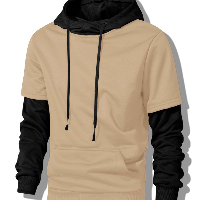 Faux Two-piece Hoodie, Cool Hoodies For Men, Men's Casual Color Block Design Pullover Hooded Sweatshirt With Kangaroo Pocket Streetwear For Winter Fall, As Gifts