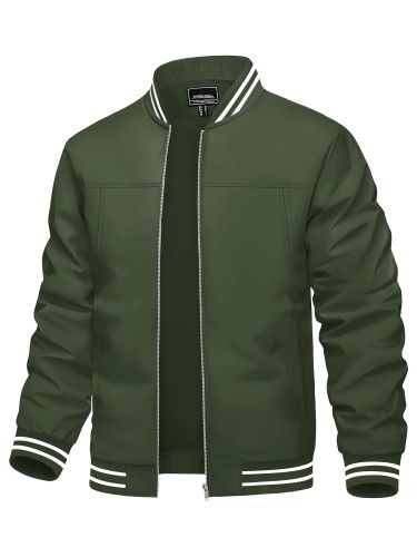 Wohthops Men's Lightweight Casual Jacket Spring Fall Fashion Windbreaker Full Zip Breathable Stand Collar Coat With Pocket Classic Pilot Jacket with Rib knit Cuffs and Hem Thermal and Elastic Fabric for Dating Party Camping Fishing and Daliy Wear