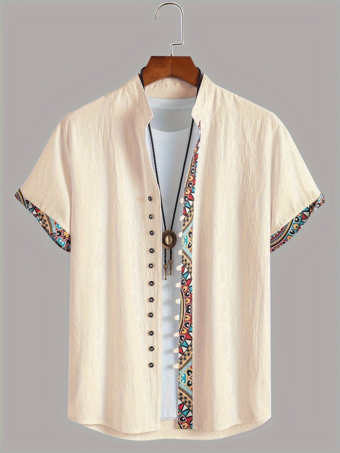 Men's Color Block Ethnic Style Patchwork Short Sleeve Button Down Stand Collar Shirt For Summer Resort Holiday, Hawaiian Style Cardigan