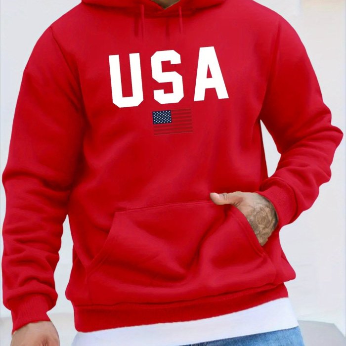 USA Print Hoodie, Cool Hoodies For Men, Men's Casual Pullover Hooded Sweatshirt With Kangaroo Pocket Streetwear For Winter Fall, As Gifts