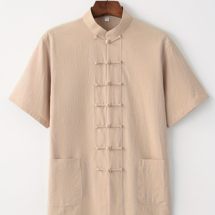 Men's Solid Color Chinese Style Retro Tang Suit Shirt With Stand Collar, Frog Button Down Placket And Short Sleeve, Made With Washed Cotton And Linen Fabric, Stylish And Chic For Summer Leisurewear