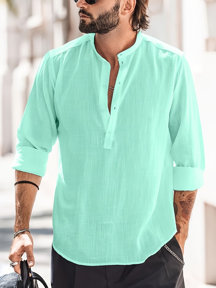 Classic Design Cotton Boat Neck Henley Shirt, Men's Casual Fit Vintage Style Long Sleeve Top For Spring Fall