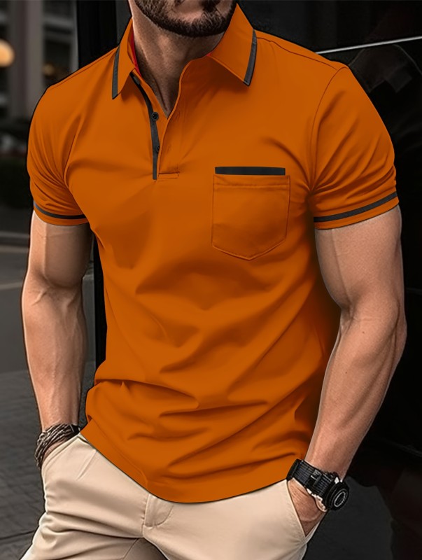 Breathable Regular Fit Men's Chic Contrast Binding Short Sleeve Golf Shirt With Chest Pocket For Summer, Men's Clothing