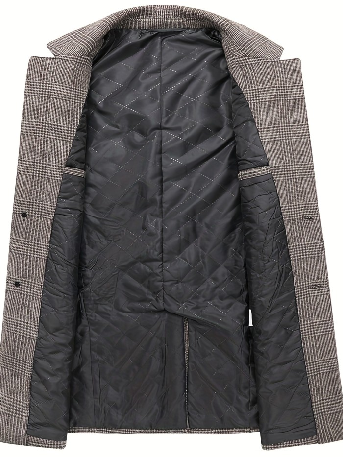 Men's Elegant Woolen Trench Coat, Casual Elegant Single Breasted Retro Plaid Overcoat For Fall Winter