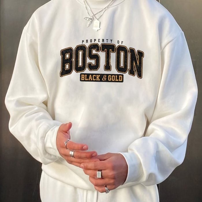 BOSTON Print Fashionable Men's Casual Long Sleeve Crew Neck Pullover Sweatshirt