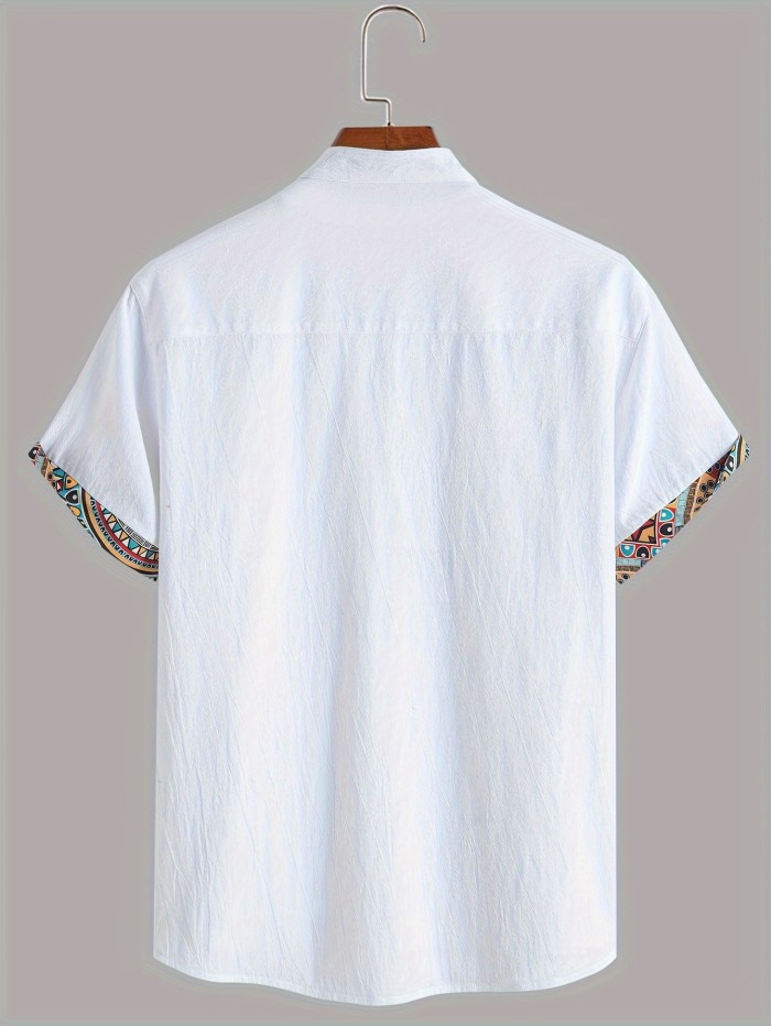 Men's Color Block Ethnic Style Patchwork Short Sleeve Button Down Stand Collar Shirt For Summer Resort Holiday, Hawaiian Style Cardigan