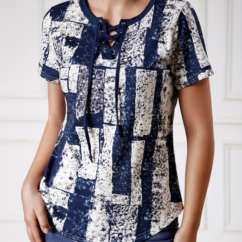Graphic Print Lace Up V Neck T-shirt, Summer Casual Short Sleeve Top, Women's Clothing