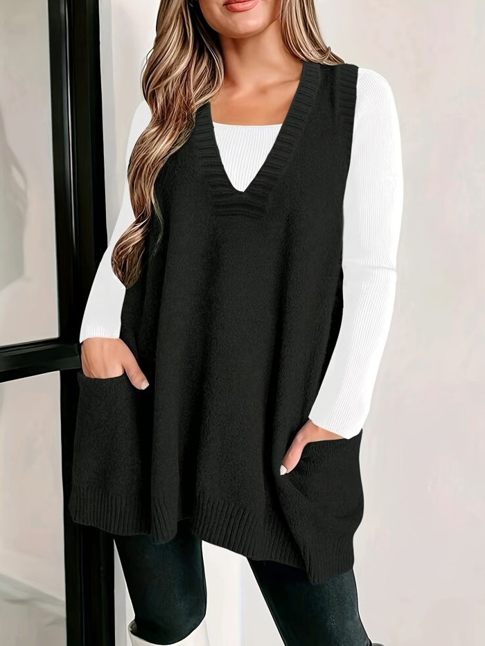 Plus Size Solid Pockets Sweater Vest, Casual V Neck Sleeveless Vest, Women's Plus Size Clothing