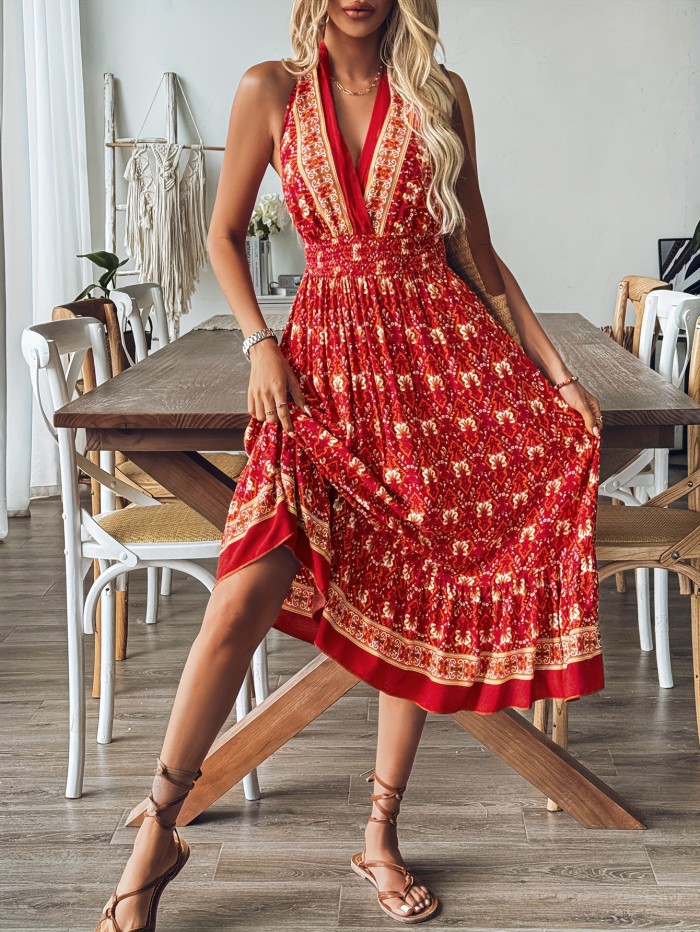 Tribal Allover Print Backless Halter Dress, Vacation Sleeveless Tie Back Waist Dress, Women's Clothing
