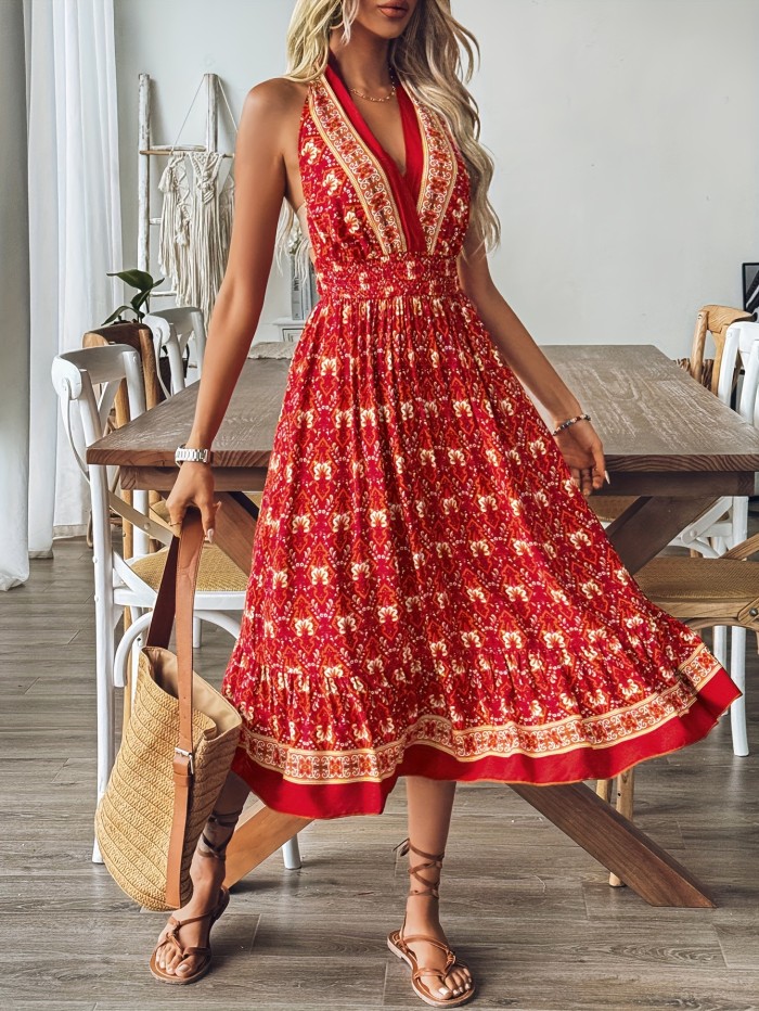 Tribal Allover Print Backless Halter Dress, Vacation Sleeveless Tie Back Waist Dress, Women's Clothing