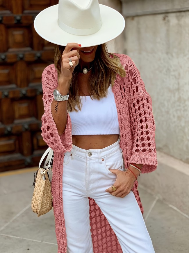 Solid Cut Out Crochet Cardigan, Casual Open Front Long Length Cardigan For Spring & Fall, Women's Clothing