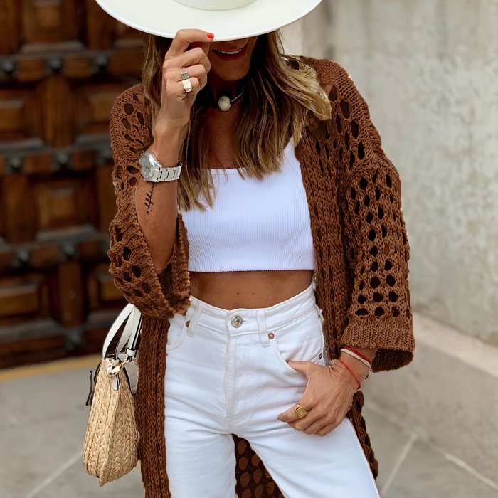 Solid Cut Out Crochet Cardigan, Casual Open Front Long Length Cardigan For Spring & Fall, Women's Clothing