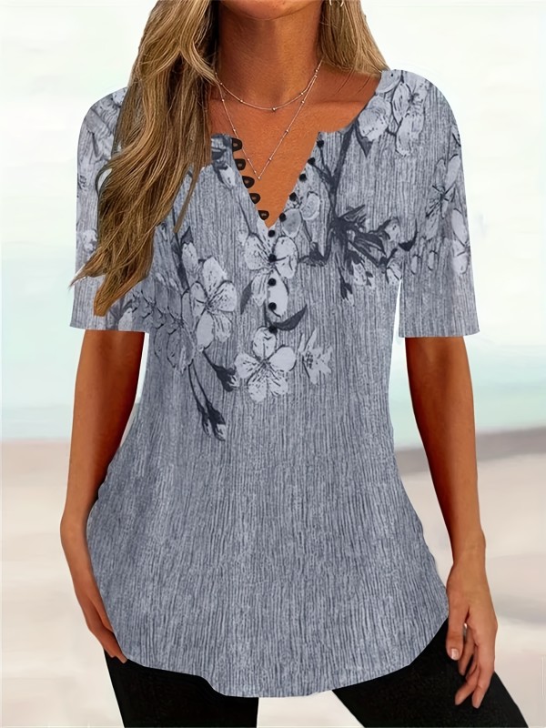 Floral Print Button Front T-shirt, Casual Short Sleeve Summer T-shirt, Women's Clothing