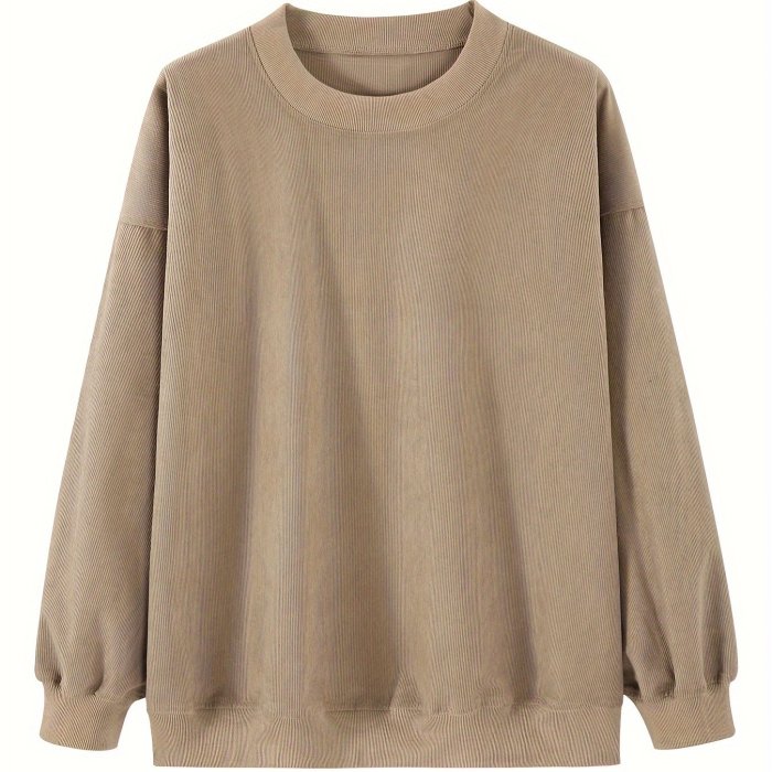 Solid Ribbed Round Neck Pullover Sweatshirt, Casual Long Sleeve Sweatshirt For Fall & Winter, Women's Clothing