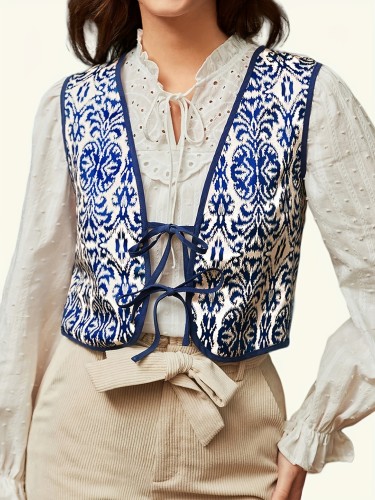 Vintage Graphic Print Tie Front Vest, Elegant Sleeveless Loose Outwear For Spring & Fall, Women's Clothing