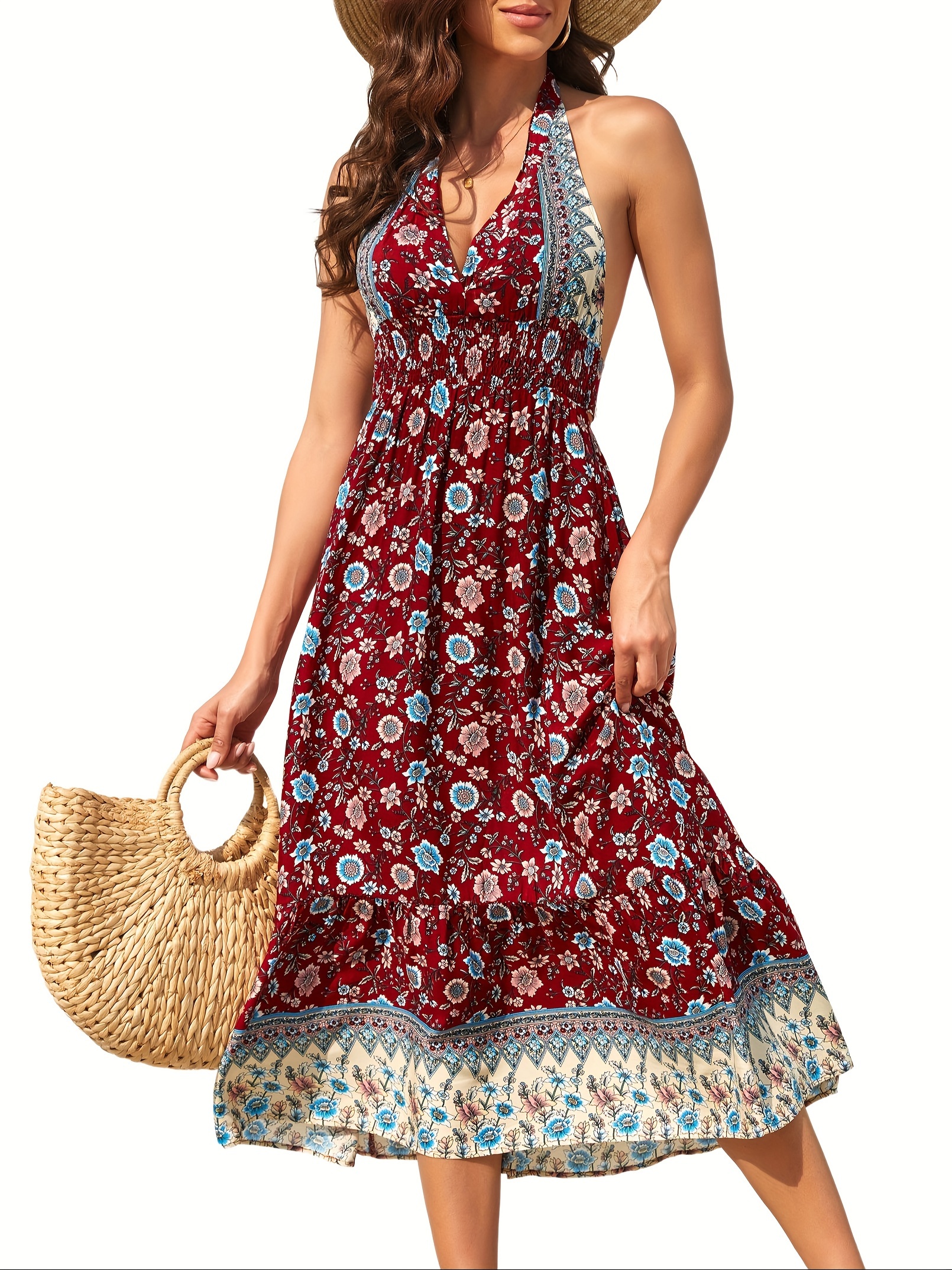 Halter Deep V Neck Sleeveless Floral Print Backless Mini Dresses