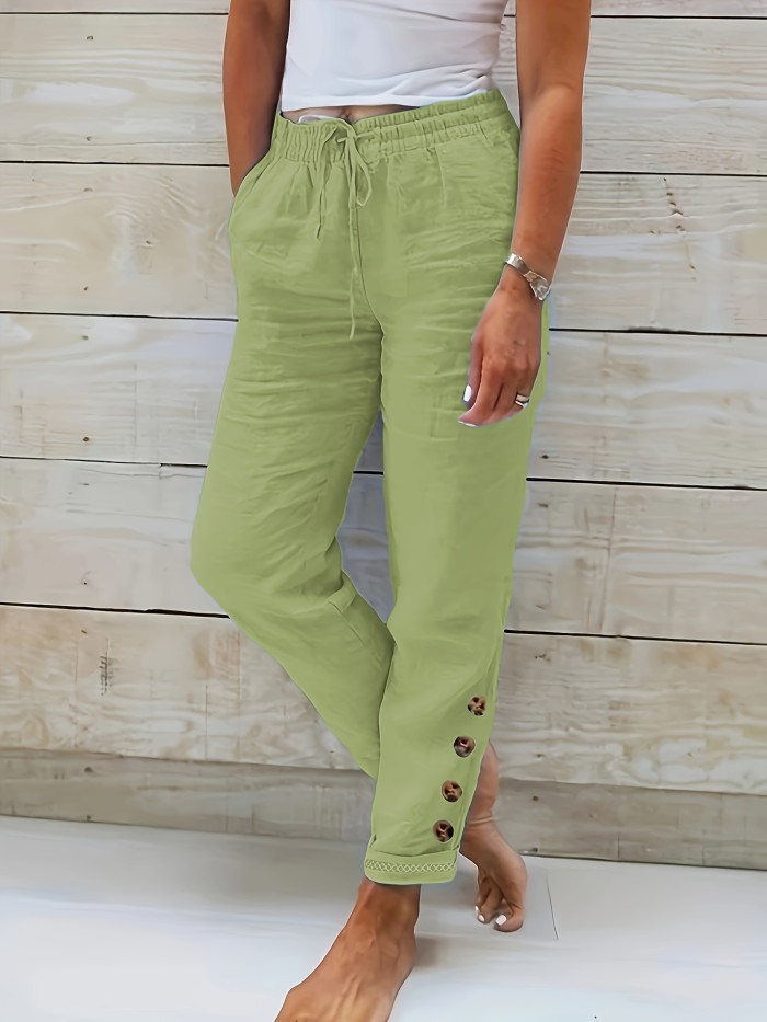 Solid Color Drawstring Waist Cotton Pants, Casual Slant Pocket Button Decor Comfy Pants, Women's Clothing
