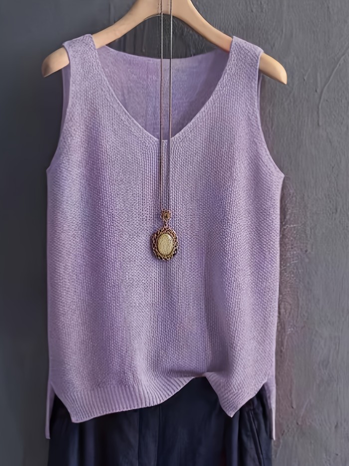Solid Color V-neck Sweater Vest, Casual Sleeveless Split Hem Vest For Spring & Fall, Women's Clothing