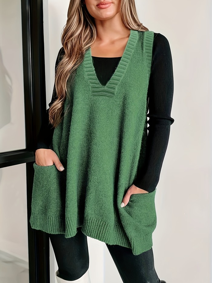 Plus Size Solid Pockets Sweater Vest, Casual V Neck Sleeveless Vest, Women's Plus Size Clothing