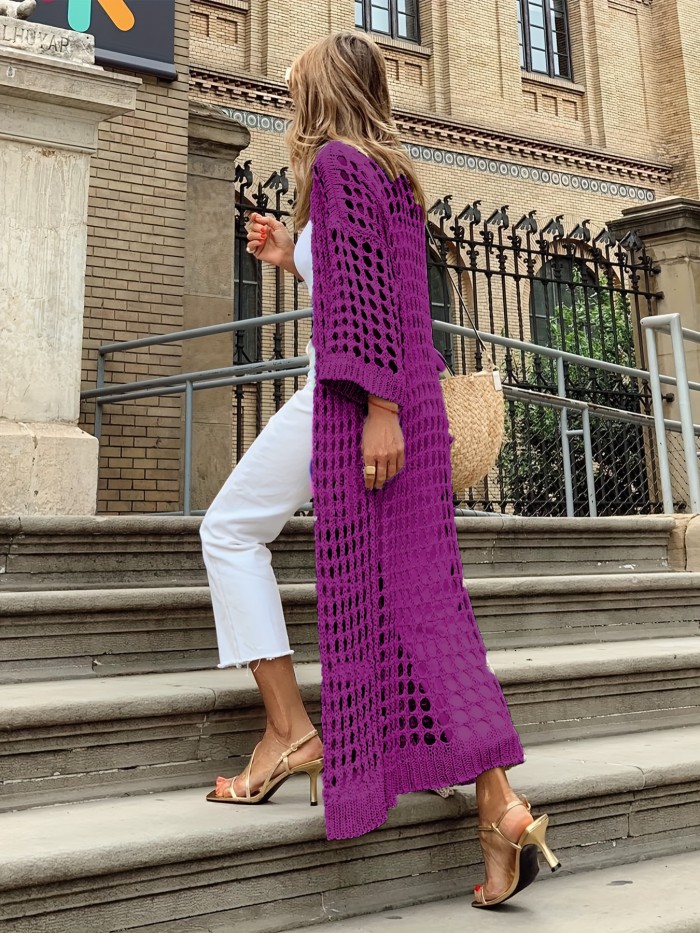 Solid Cut Out Crochet Cardigan, Casual Open Front Long Length Cardigan For Spring & Fall, Women's Clothing