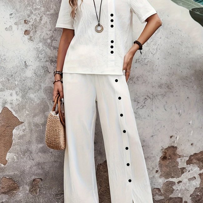 Button Decor Two Piece Set, Short Sleeve Blouse & Wide Leg Split Pants ...