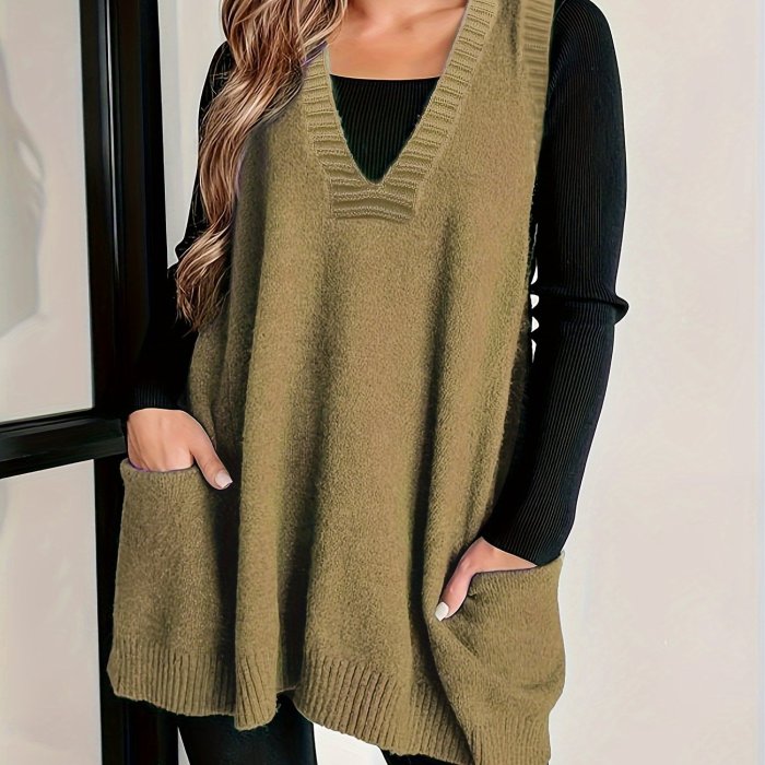Plus Size Solid Pockets Sweater Vest, Casual V Neck Sleeveless Vest, Women's Plus Size Clothing