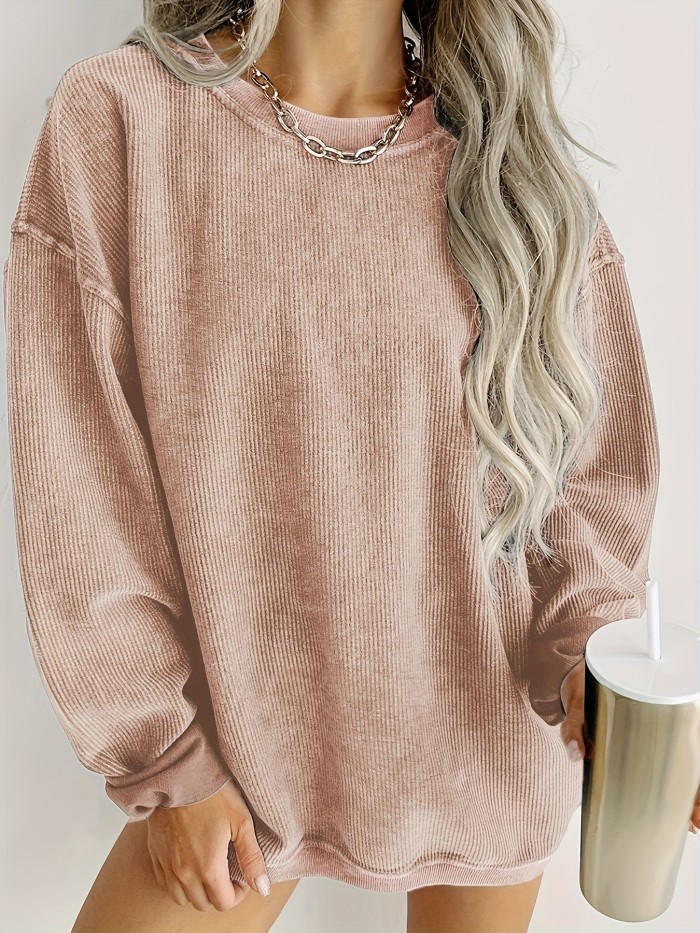 Solid Ribbed Round Neck Pullover Sweatshirt, Casual Long Sleeve Sweatshirt For Fall & Winter, Women's Clothing
