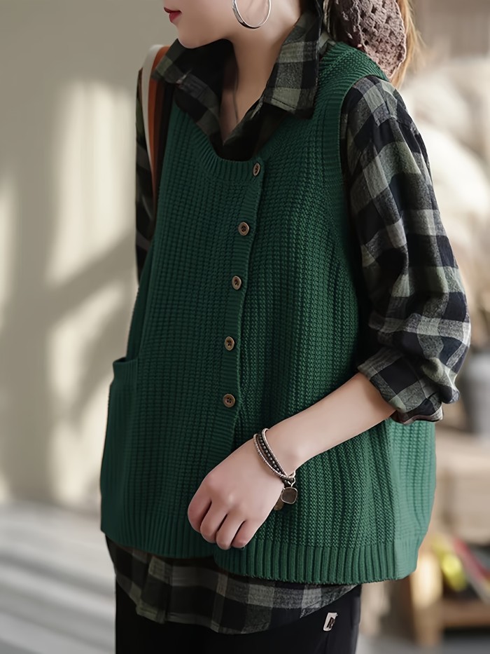 Plus Size Casual Solid Color Knitted Cardigan Jacket, Fashionable Layered Button-Down Front Vest With Pockets, Women's Plus Size Clothing