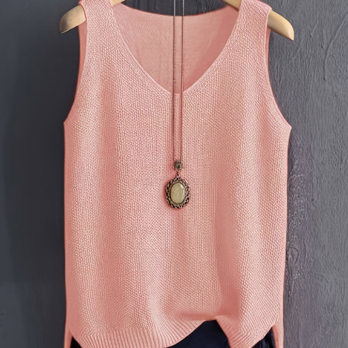 Solid Color V-neck Sweater Vest, Casual Sleeveless Split Hem Vest For Spring & Fall, Women's Clothing