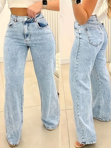 Plain Washed Blue High Rise Jeans, Loose Fit Slash Pocket Zipper Button Closure Denim Pants, Women's Denim Jeans & Clothing