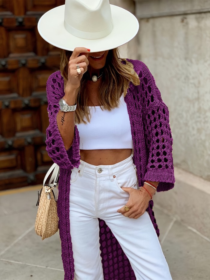 Solid Cut Out Crochet Cardigan, Casual Open Front Long Length Cardigan For Spring & Fall, Women's Clothing