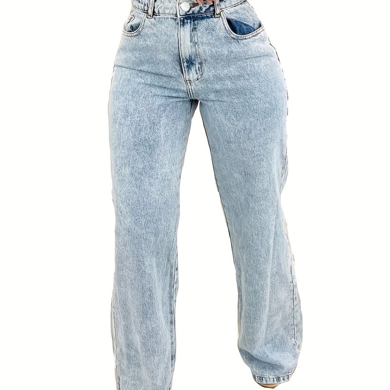 Plain Washed Blue High Rise Jeans, Loose Fit Slash Pocket Zipper Button Closure Denim Pants, Women's Denim Jeans & Clothing