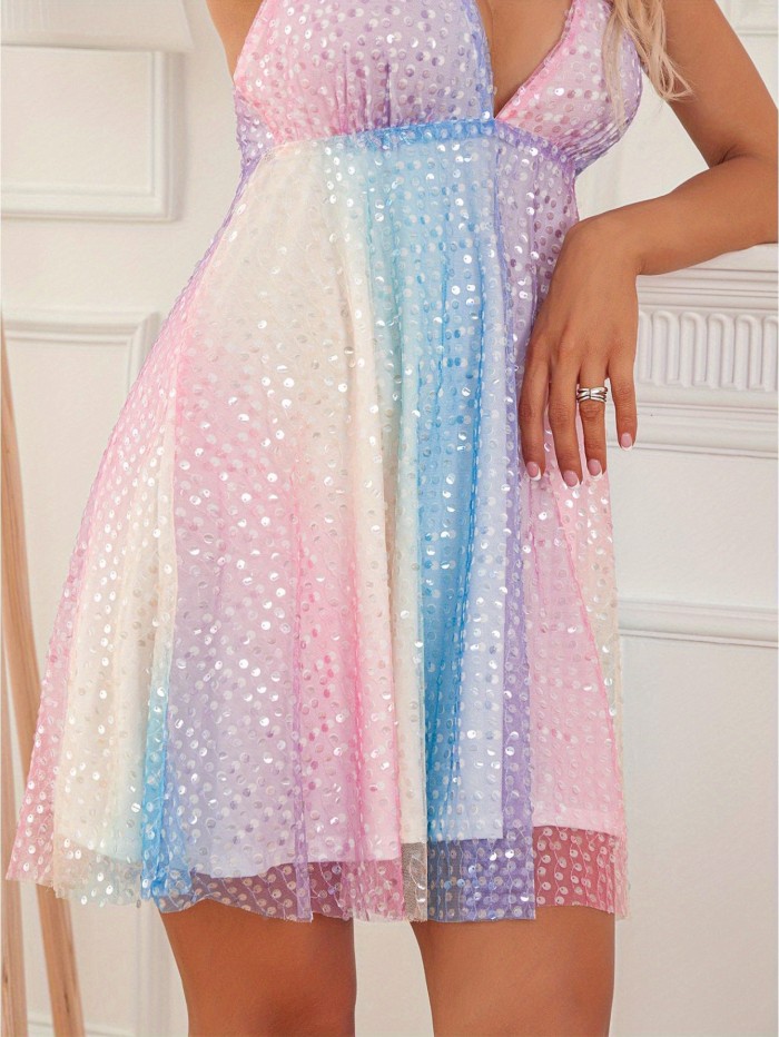 Women Summer Casual Mini Dress Sequins Deep V-Neck Sleeveless Tie-Up Halter Neck Backless A-line Dress Fashion Party Short Dress