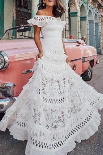 One-Shouldered Ruffled Openwork Lace Stitching Dress