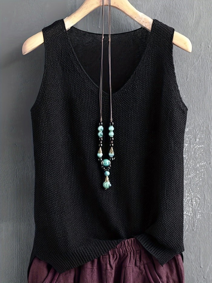 Solid Color V-neck Sweater Vest, Casual Sleeveless Split Hem Vest For Spring & Fall, Women's Clothing