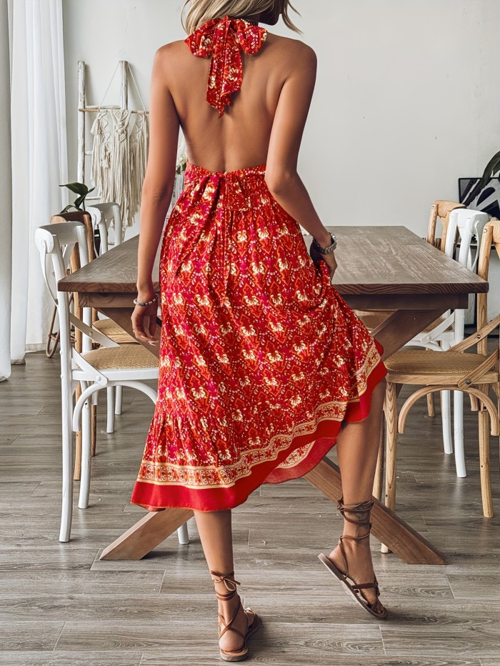 Tribal Allover Print Backless Halter Dress, Vacation Sleeveless Tie Back Waist Dress, Women's Clothing