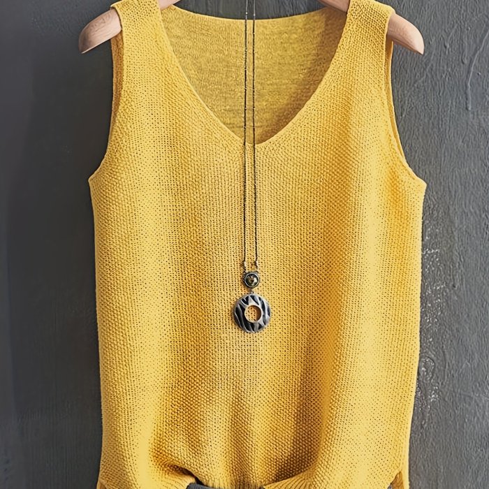 Solid Color V-neck Sweater Vest, Casual Sleeveless Split Hem Vest For Spring & Fall, Women's Clothing