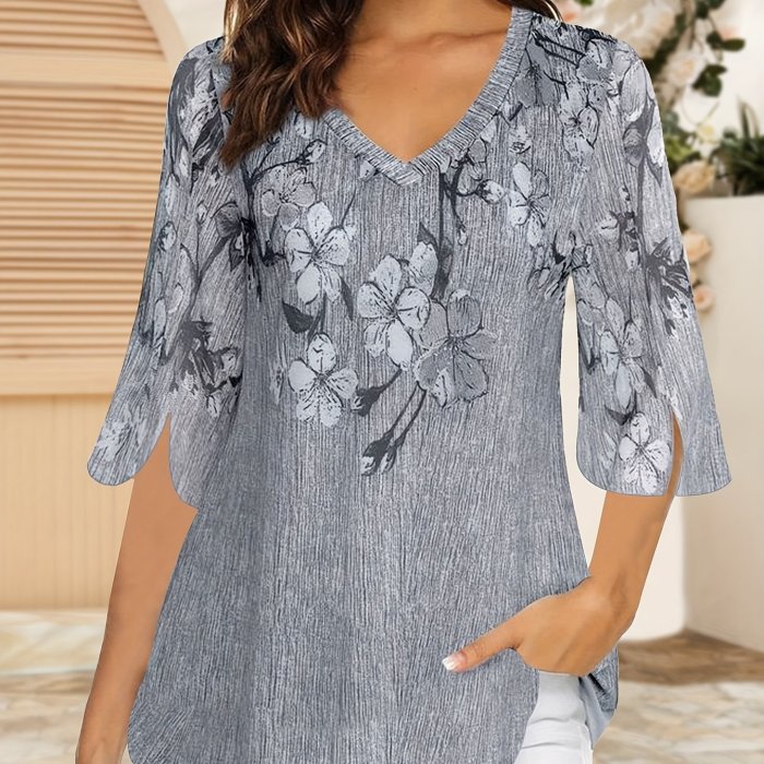 Floral Print V Neck T-shirt, Elegant 3\u002F4 Sleeve Top For Spring & Summer, Women's Clothing
