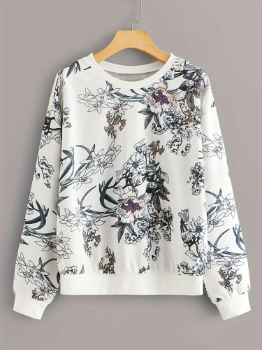 Floral Print Pullover Sweatshirt, Casual Long Sleeve Crew Neck Sweatshirt For Fall & Winter, Women's Clothing