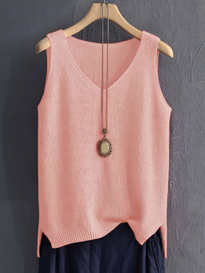 Solid Color V-neck Sweater Vest, Casual Sleeveless Split Hem Vest For Spring & Fall, Women's Clothing