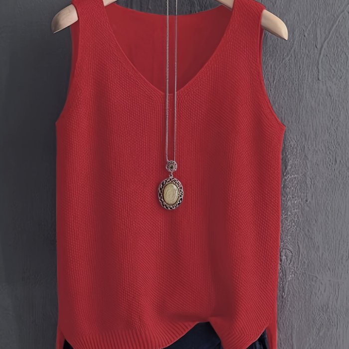 Solid Color V-neck Sweater Vest, Casual Sleeveless Split Hem Vest For Spring & Fall, Women's Clothing