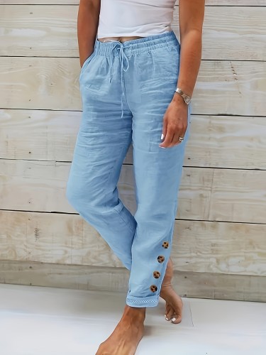 Solid Color Drawstring Waist Cotton Pants, Casual Slant Pocket Button Decor Comfy Pants, Women's Clothing