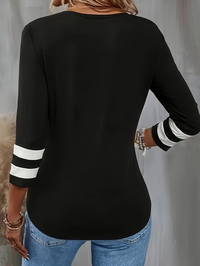 Contrast Trim V Neck T-shirt, Casual 3\u002F4 Sleeve Top For Spring & Fall, Women's Clothing