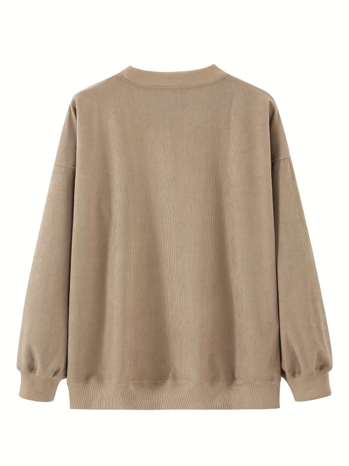 Solid Ribbed Round Neck Pullover Sweatshirt, Casual Long Sleeve Sweatshirt For Fall & Winter, Women's Clothing