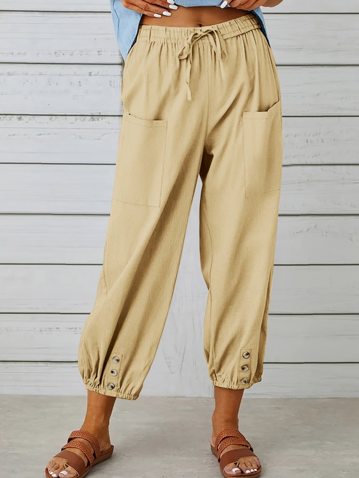 Wide Leg Capri Pants, Loose Casual Drawstring Waist Pants, Women's Clothing