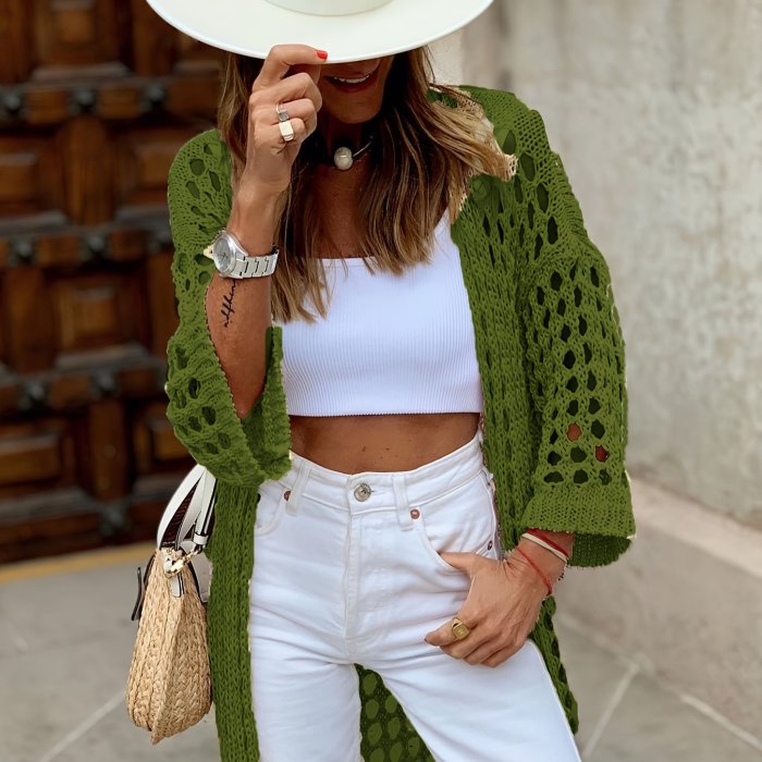 Solid Cut Out Crochet Cardigan, Casual Open Front Long Length Cardigan For Spring & Fall, Women's Clothing