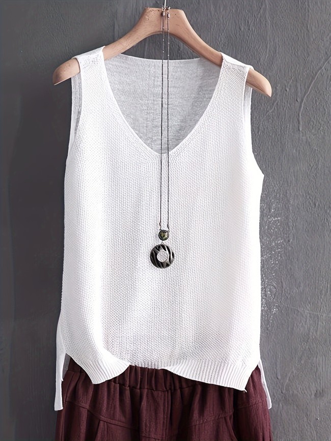 Solid Color V-neck Sweater Vest, Casual Sleeveless Split Hem Vest For Spring & Fall, Women's Clothing