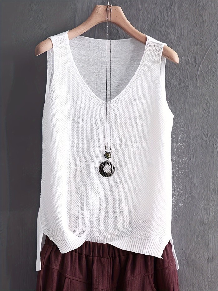 Solid Color V-neck Sweater Vest, Casual Sleeveless Split Hem Vest For Spring & Fall, Women's Clothing